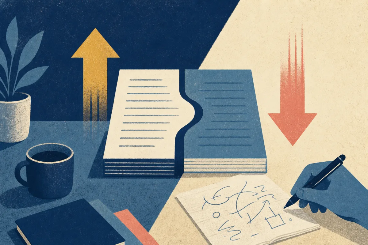 Risograph illustration of two merging document blocks with upward and downward EPS arrows for accretion dilution interview prep