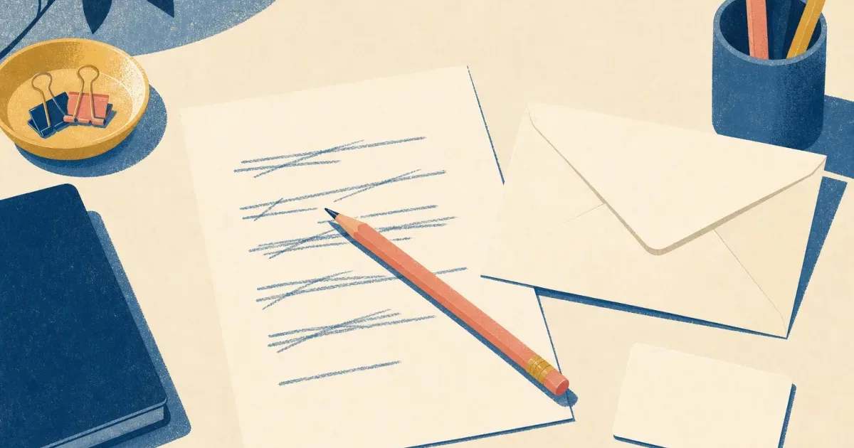 Risograph illustration of a letter draft beside a blank firm card and red pencil edits on a cream desk