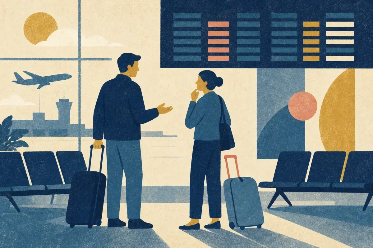 Risograph illustration of two traveller silhouettes with rolling bags beside departure board shapes suggesting a delayed flight conversation