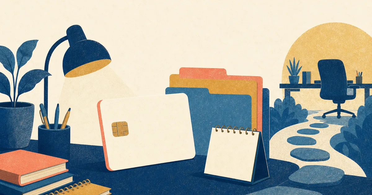 Risograph illustration of a blank payment card silhouette beside application folders and a hybrid desk path on cream paper