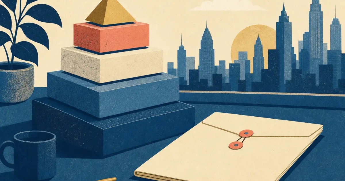 Risograph illustration of stacked capital structure layers beside a blank application folder and city skyline silhouette for Apollo summer internship prep