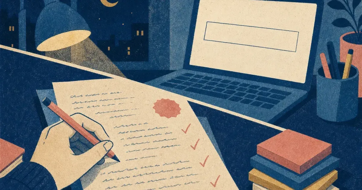 Risograph illustration of a blank portal text box beside a scored checklist and red pencil marks on a cream desk