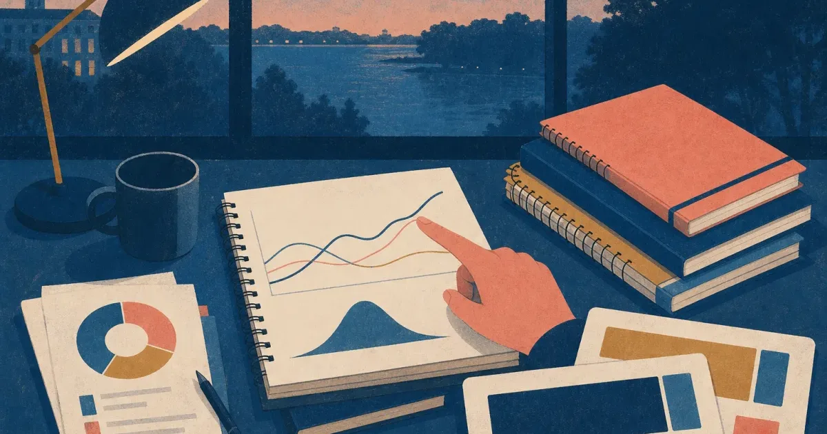 Risograph illustration of factor curve charts beside stacked research notebooks and a dual portal silhouette for AQR summer internship prep