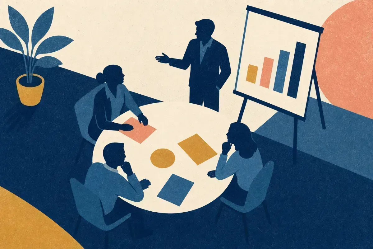 Risograph overhead view of an assessment centre round table with flip chart and collaborative chair silhouettes