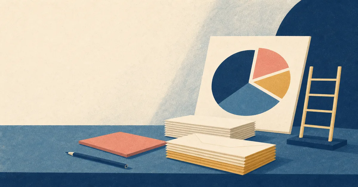 Risograph illustration of stacked pay envelopes beside an abstract portfolio pie and blank fund ladder on cream paper