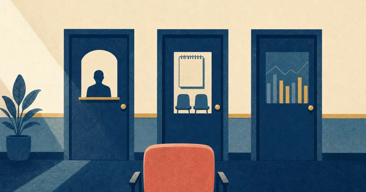 Risograph illustration of three interview doors, teller window versus analyst desk versus markets screens, for bank interview questions prep