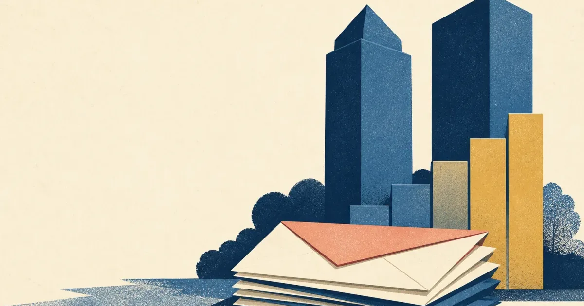 Risograph illustration of stacked pay envelopes beside abstract tower silhouettes and a compensation ladder on cream paper