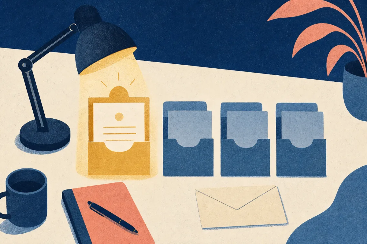 Risograph illustration of a single highlighted application slot beside blank division folders on a cream desk