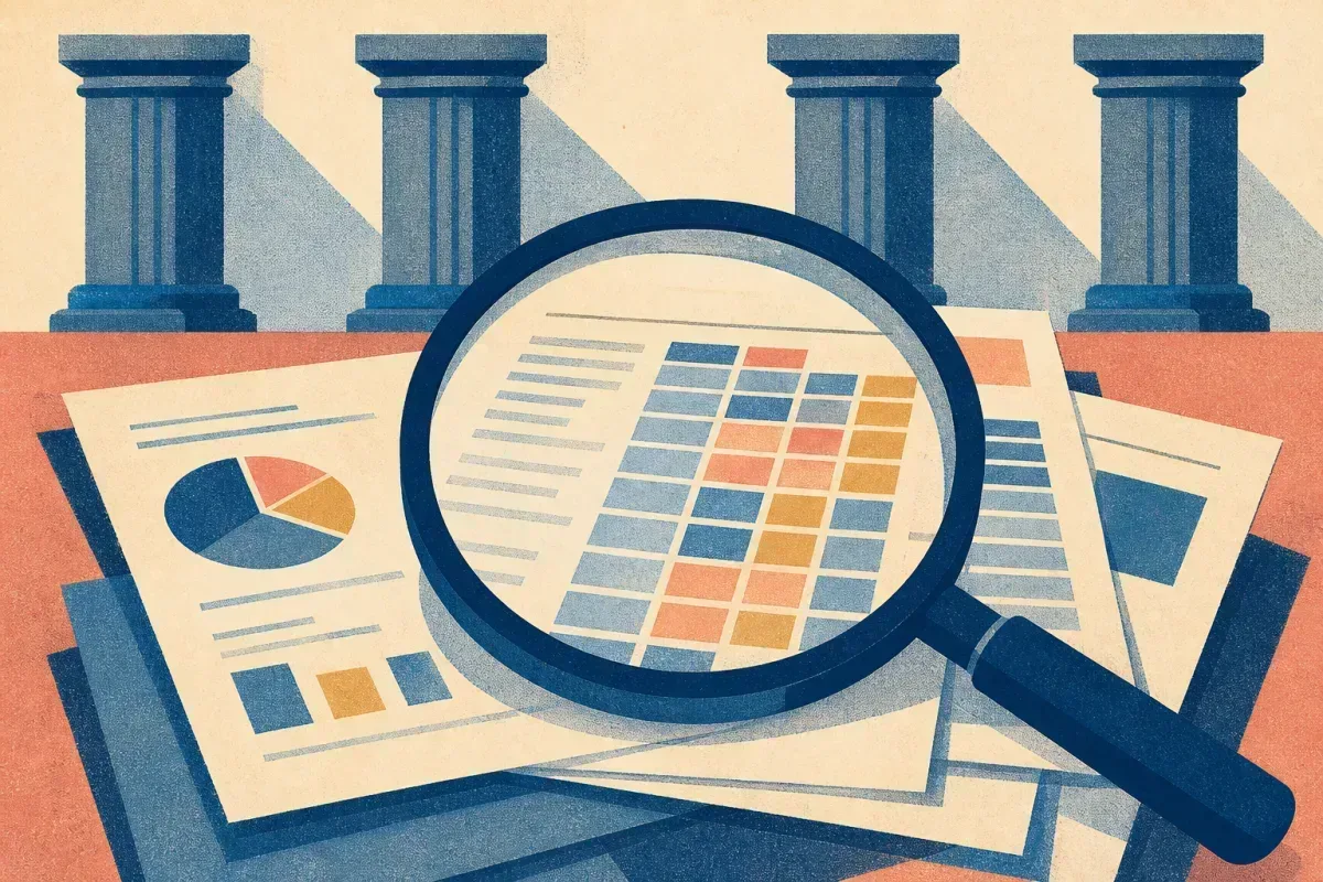 Risograph illustration of a magnifying glass over linked financial document sheets beside a four-pillar institutional facade silhouette