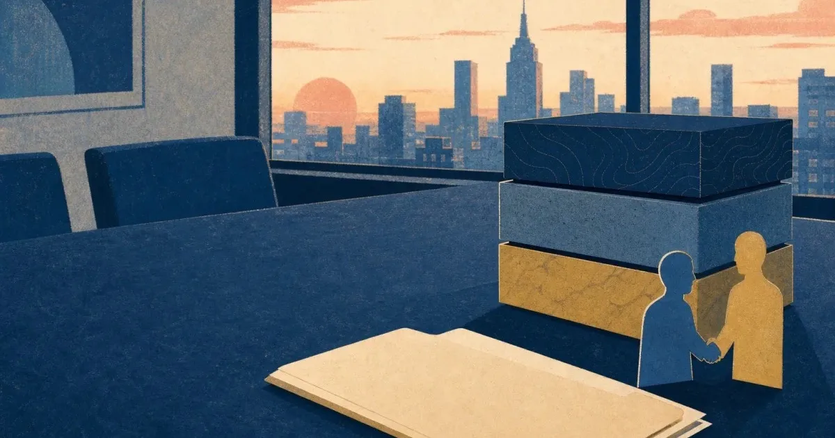Risograph illustration of stacked fund layers beside a blank application folder and city skyline silhouette for Blackstone summer internship prep