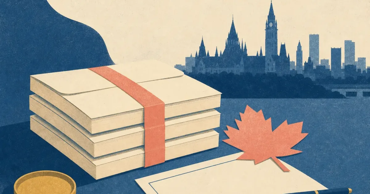 Risograph illustration of a maple-leaf silhouette beside stacked application envelopes and a skyline outline for BMO Capital Markets summer internship prep