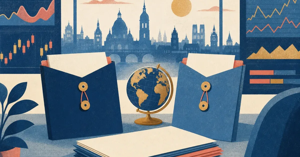 Risograph illustration of twin application envelopes beside a globe and abstract trading curve for BNP Paribas summer internship prep