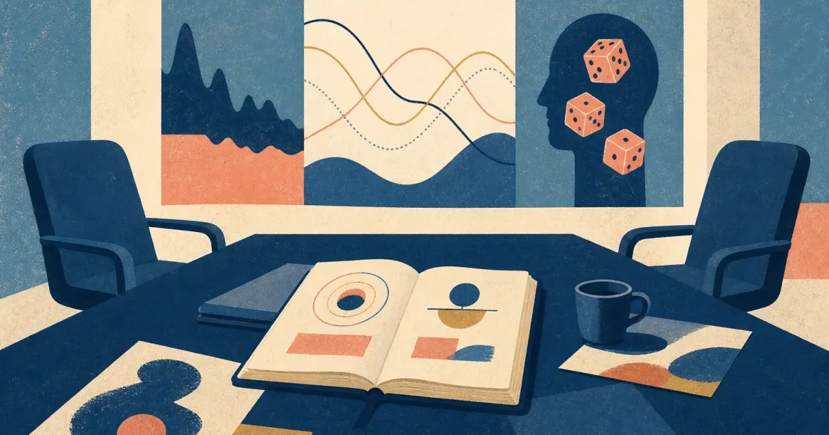 Risograph illustration of a principles notebook beside abstract macro curve panels and two facing chairs for Bridgewater internship prep