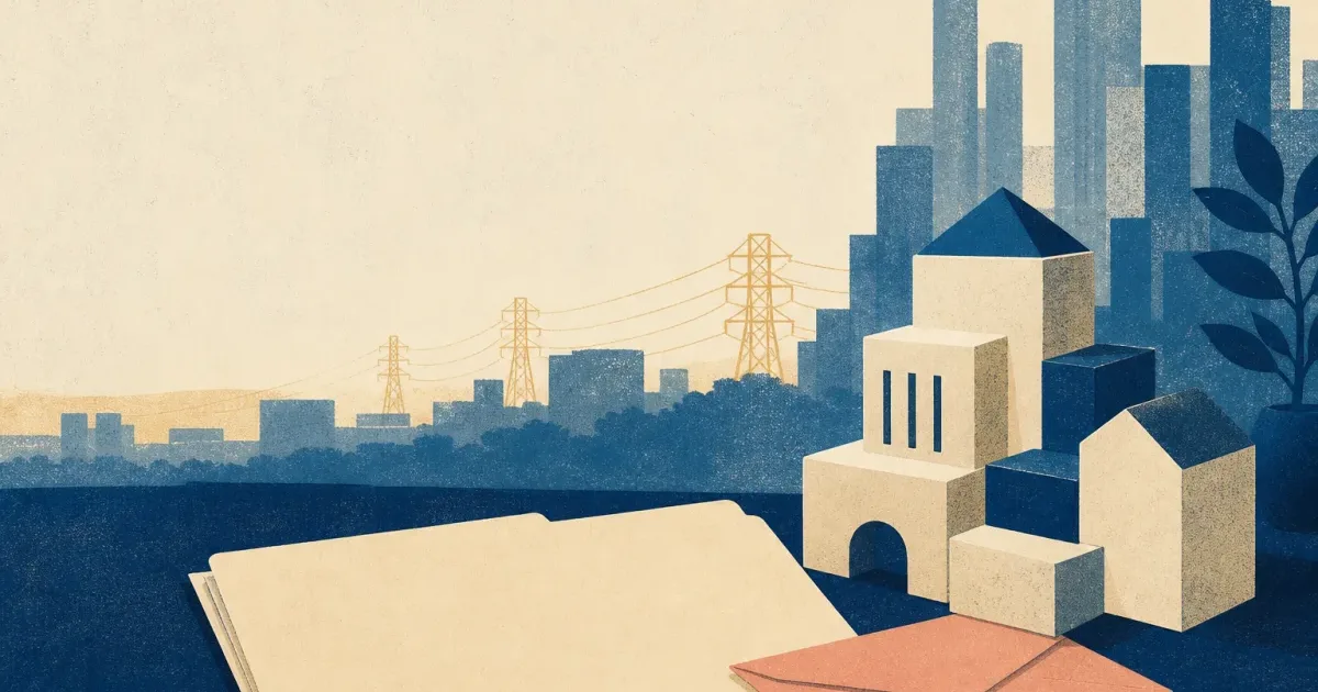 Risograph illustration of stacked building blocks beside a blank application folder and abstract power-line silhouette for Brookfield summer internship prep