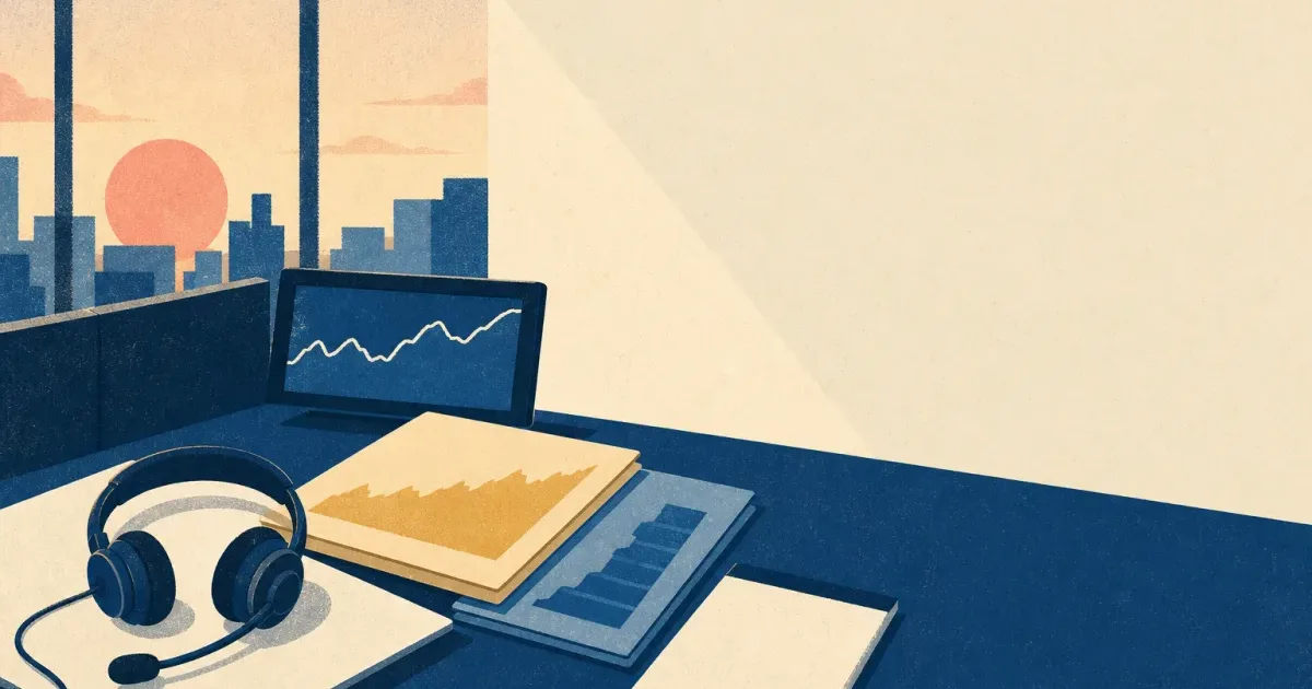 Risograph illustration of a trading-floor headset beside equity and debt issuance folders on a cream desk