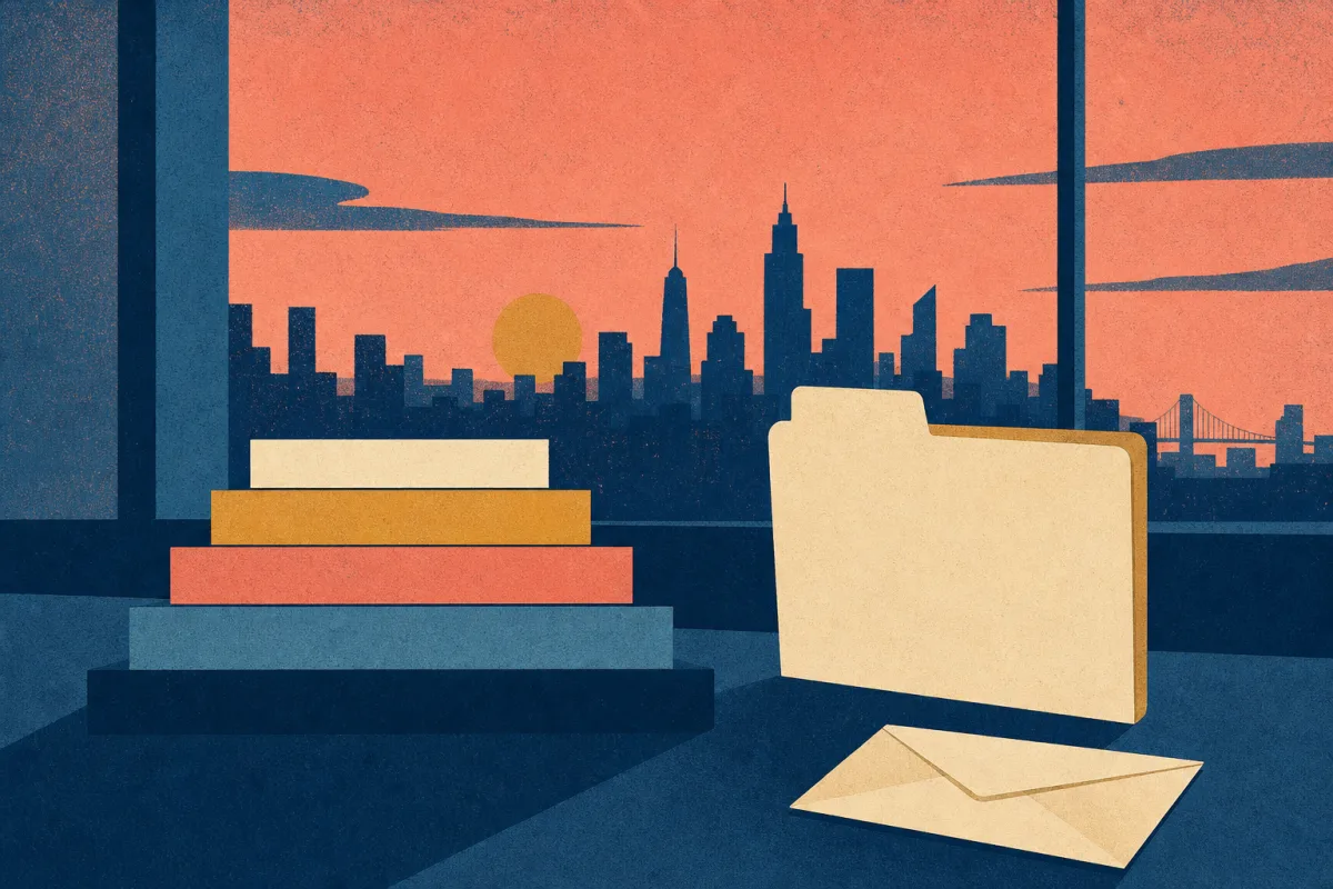 Risograph illustration of stacked capital structure layers beside a blank application folder and city skyline silhouette for Carlyle summer internship prep