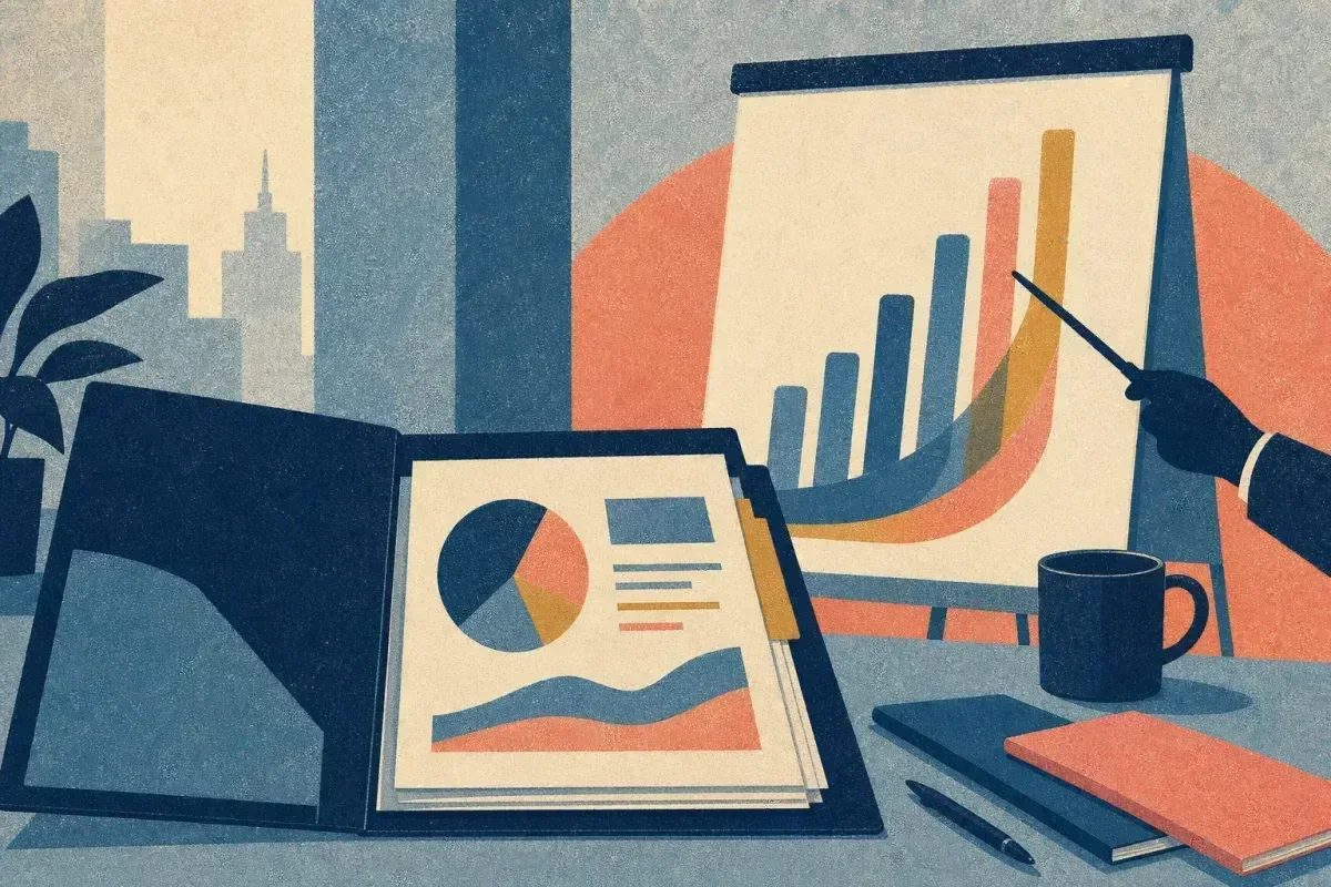 Risograph illustration of a briefing folder open beside a flip chart with abstract chart curves and a presentation pointer silhouette