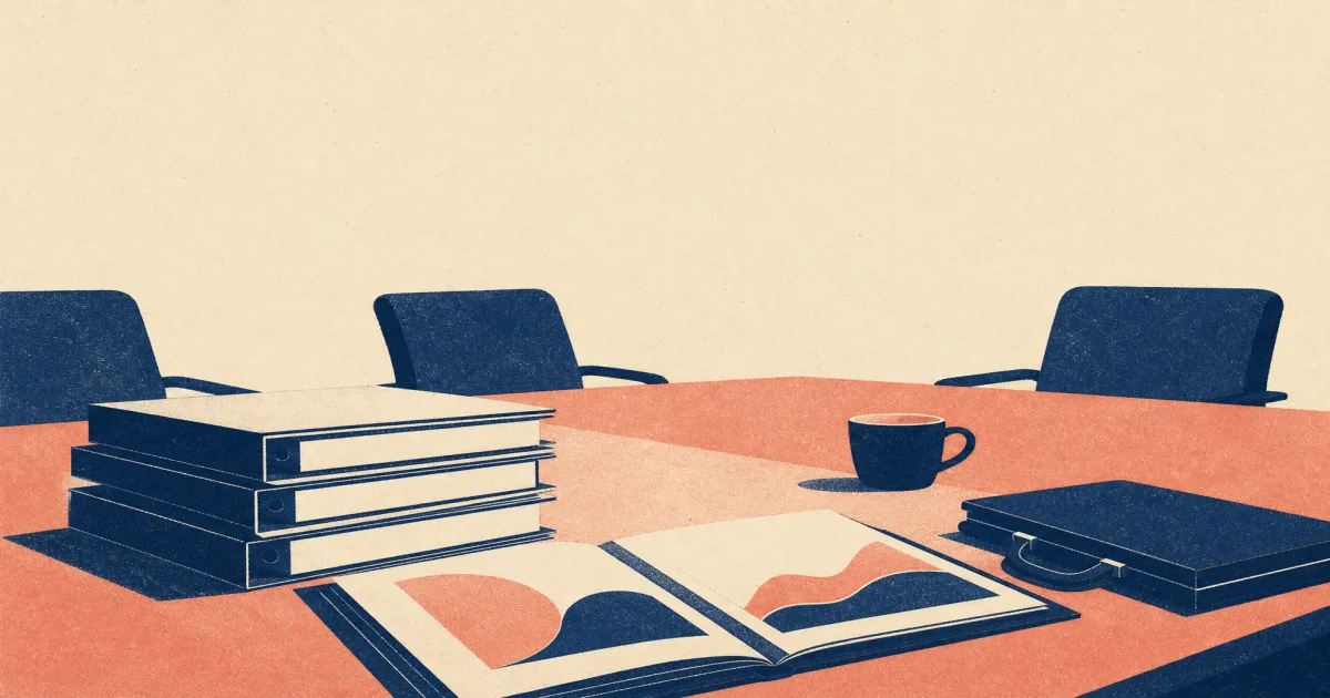 Risograph illustration of a lean advisory table with stacked deal binders and a single candidate silhouette for Centerview summer internship applications