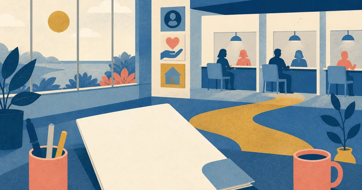 Risograph illustration of a blank internship folder beside service-centre windows and abstract client service icons on cream paper