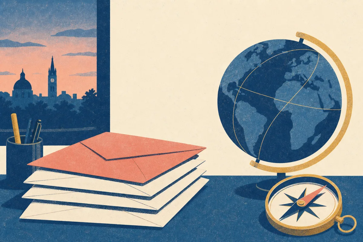 Risograph illustration of application envelopes beside a globe silhouette and compass on a cream desk