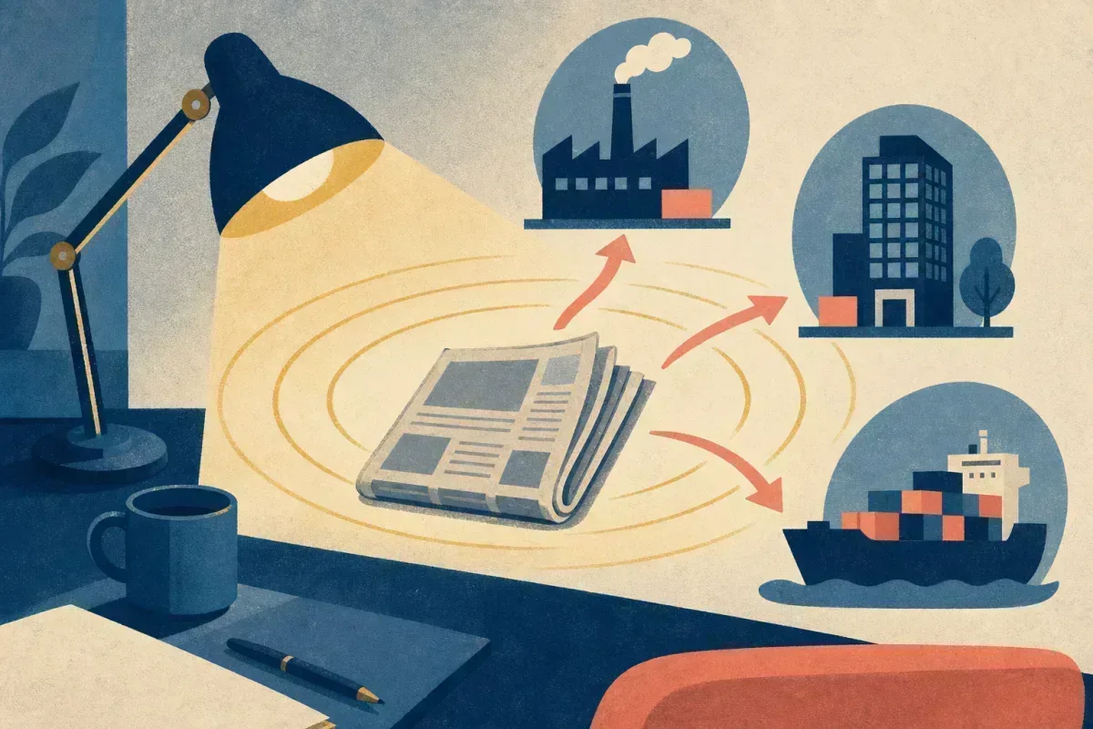 Risograph illustration of a newspaper with ripple arrows spreading to factory, office, and shipping sector icons