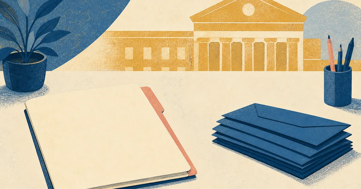 Risograph illustration of stacked pay envelopes beside a middle-market lending folder and abstract regional bank facade on cream paper
