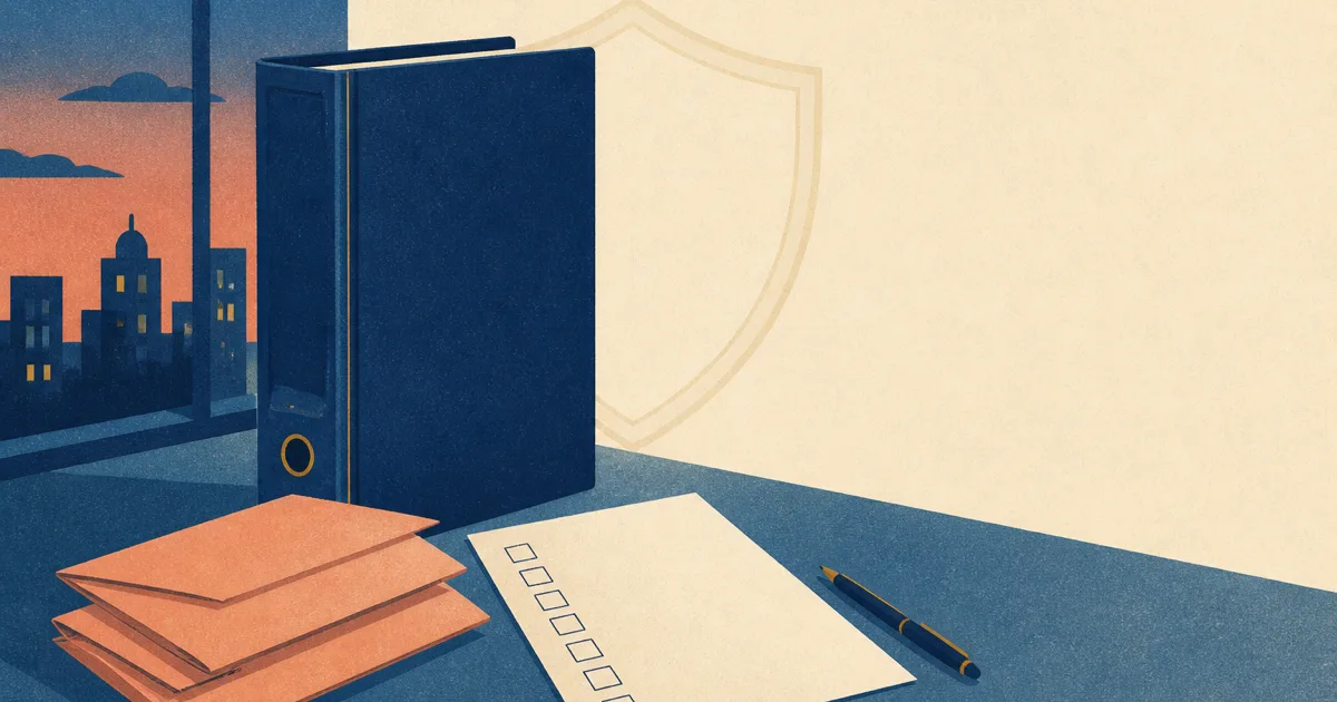 Risograph illustration of stacked pay envelopes beside a blank policy binder and abstract control checklist on cream paper
