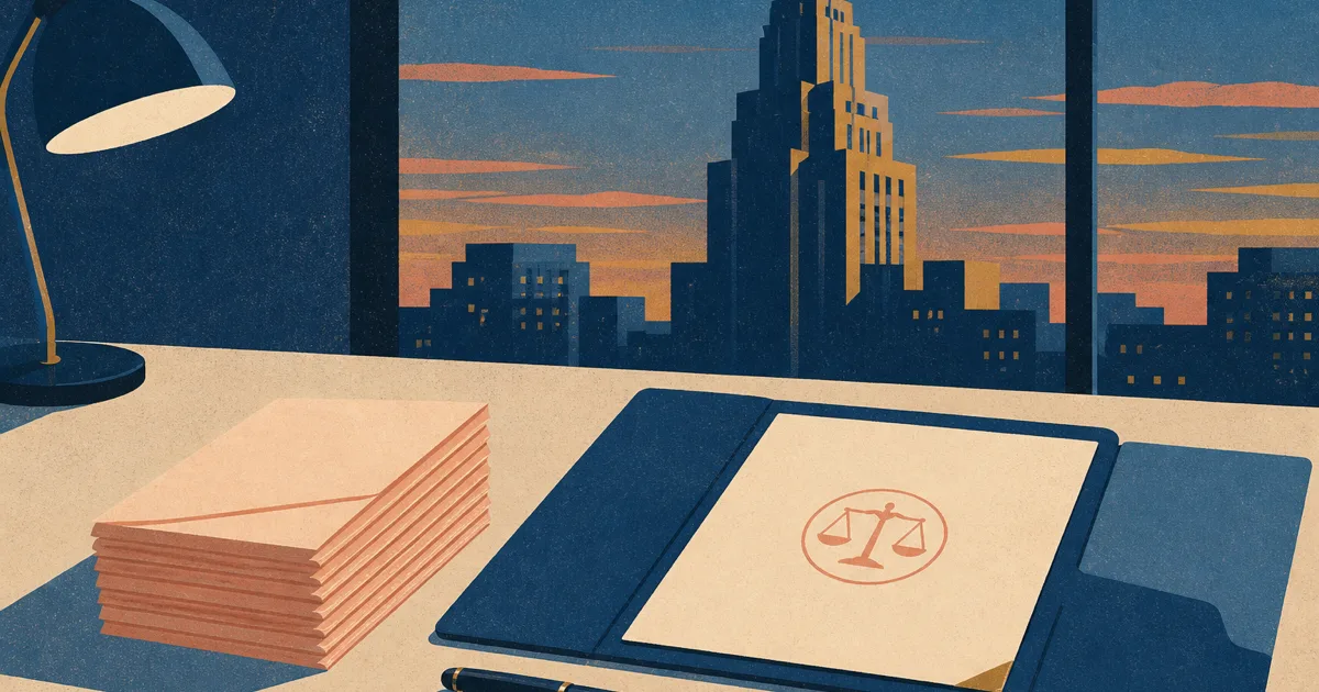 Risograph illustration of stacked pay envelopes beside a corporate lending folder and abstract bank tower on cream paper