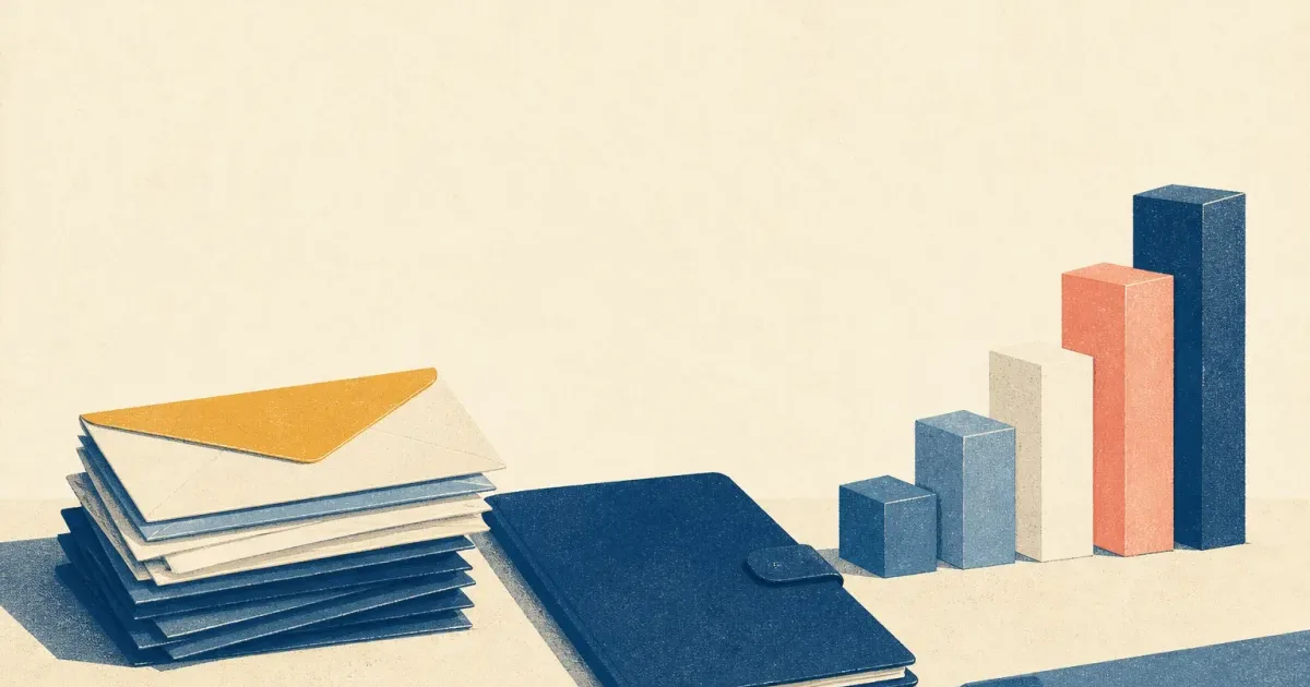 Risograph illustration of stacked pay envelopes beside a blank credit memo folder and abstract risk ladder on cream paper
