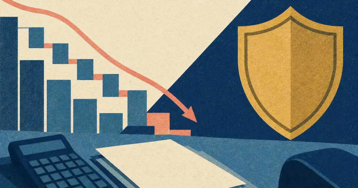 Risograph illustration of a downward trend sketch beside a shield shape and calculator for credit interview questions prep