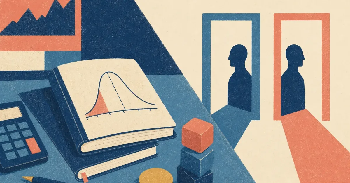 Risograph illustration of stacked research notebooks beside a probability curve and dual application portals for D.E. Shaw summer internship prep