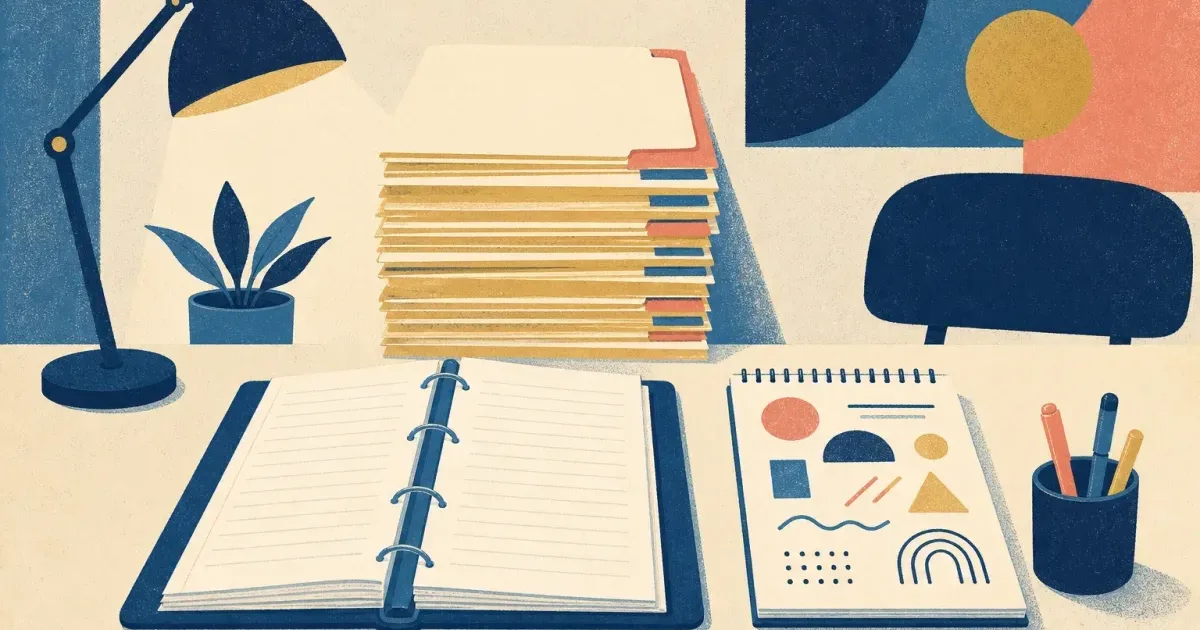 Risograph illustration of a campus internship folder beside an audit binder and advisory notepad for Deloitte internship prep