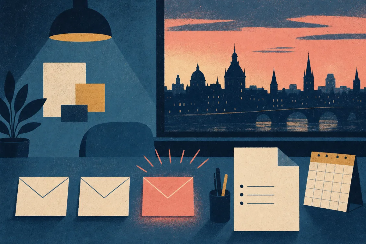 Risograph illustration of a single highlighted application slot beside stacked envelopes and a European city skyline silhouette for Deutsche Bank internship prep