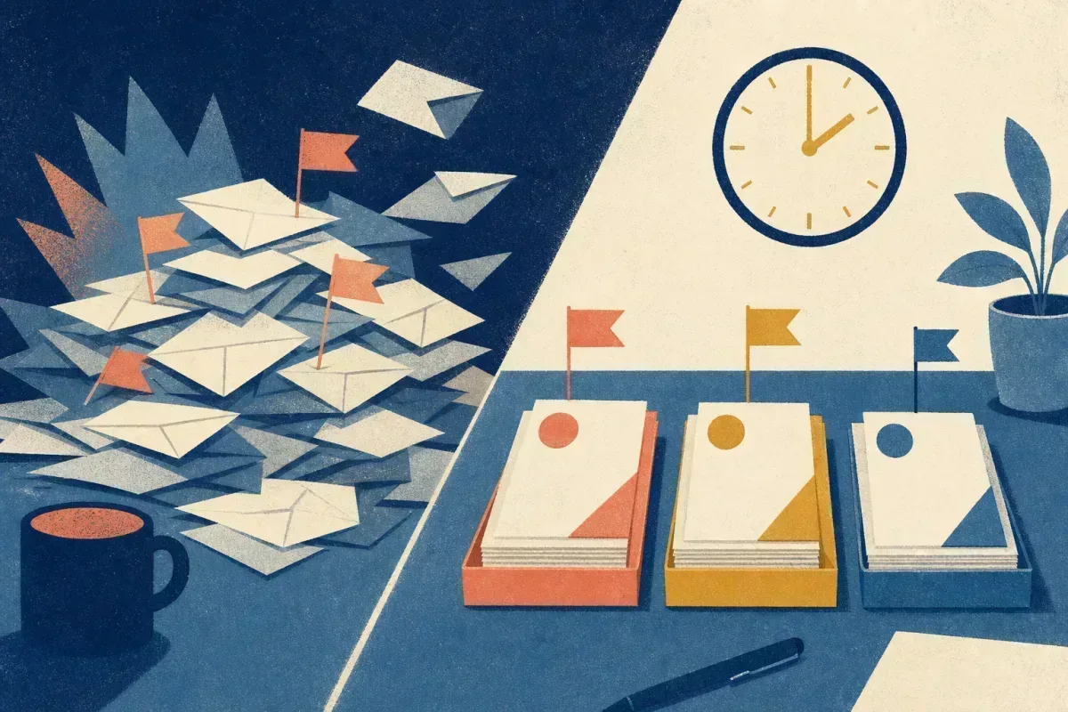 Risograph illustration of an abstract inbox stack with urgency flags beside a wall clock and prioritised task cards