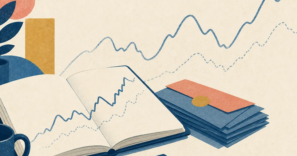 Risograph illustration of a research notebook beside abstract stock chart curves and stacked pay envelopes on cream paper