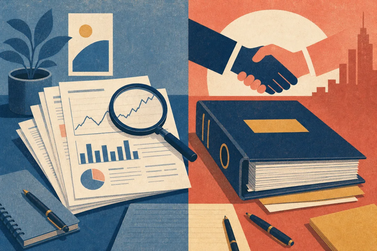 Risograph split-scene comparing a research report stack with magnifying glass to an M&A deal binder and handshake silhouette