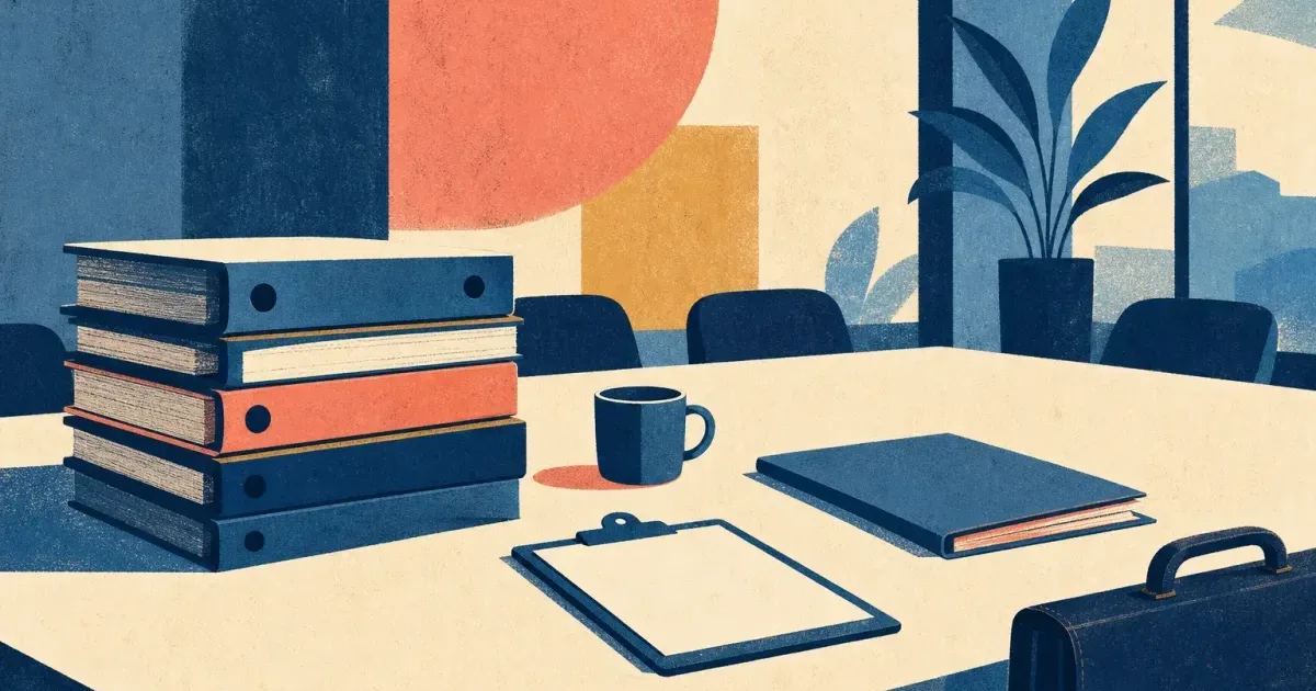 Risograph illustration of an independent advisory briefcase beside stacked deal binders and a mid-programme review silhouette for Evercore summer internships