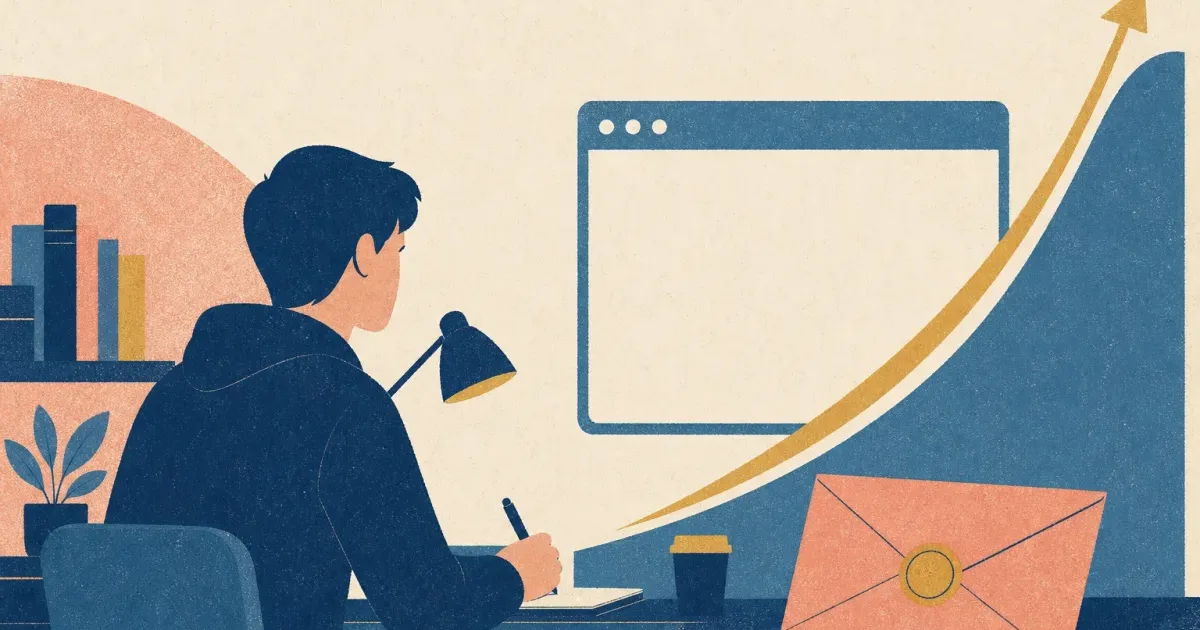 Risograph illustration of stacked mutual fund sleeve silhouettes beside a student portal window and abstract growth curve for Fidelity summer internship prep