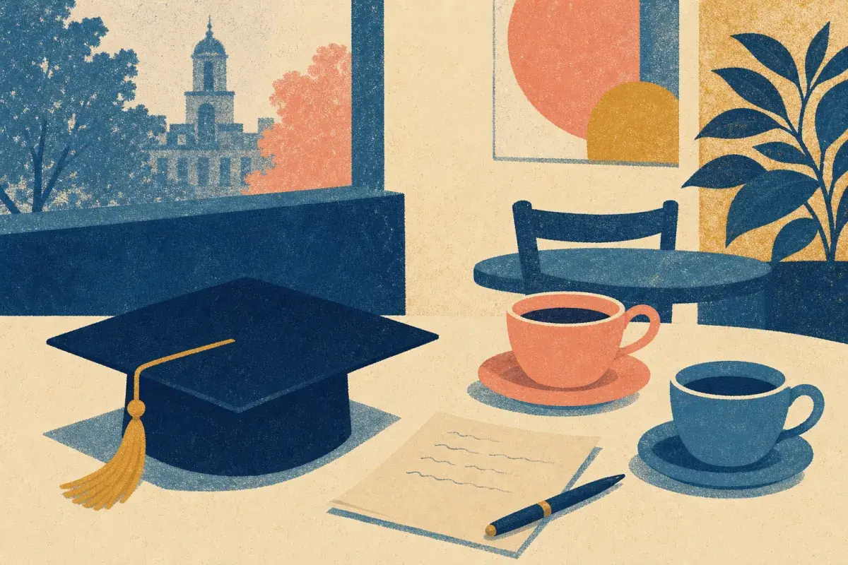 Risograph illustration of a graduation cap beside two coffee cups and a short handwritten note on university letterhead texture