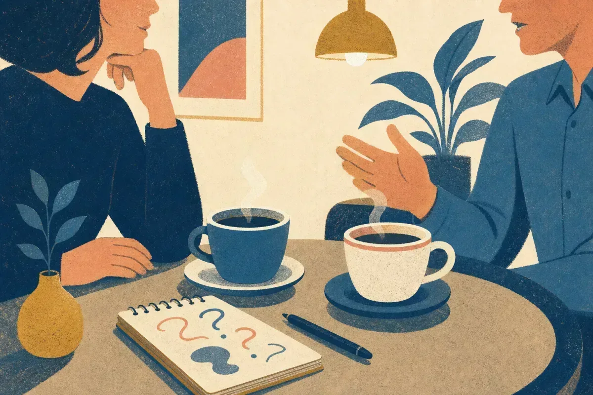 Risograph illustration of two coffee cups and a blank notepad with question marks on a small café table