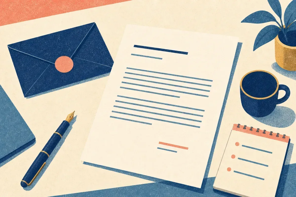 Risograph illustration of a single-page letter beside a stamped envelope and concise bullet notes on a cream desk