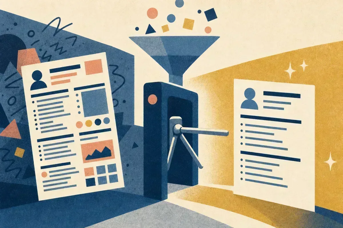 Risograph illustration of a cluttered CV page passing through an ATS turnstile gate into a clean single-column format