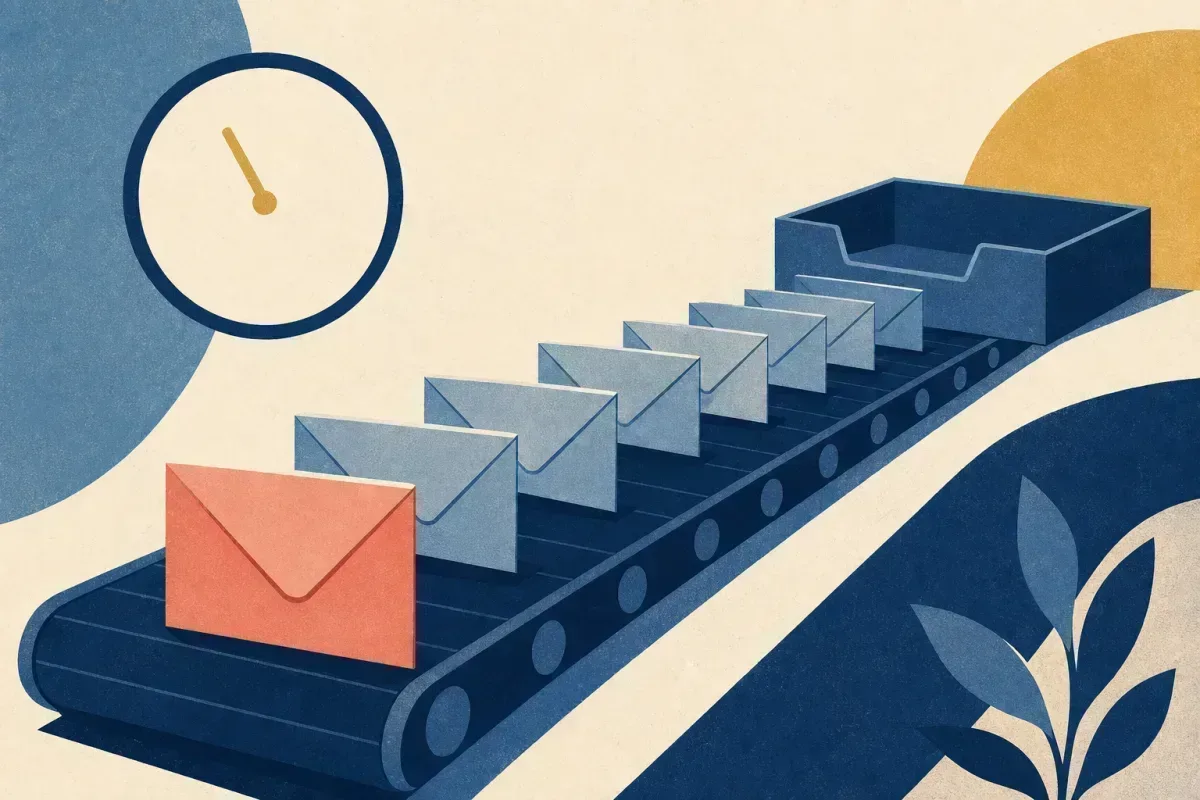 Risograph illustration of application envelopes on a conveyor belt with the earliest submission highlighted at the front