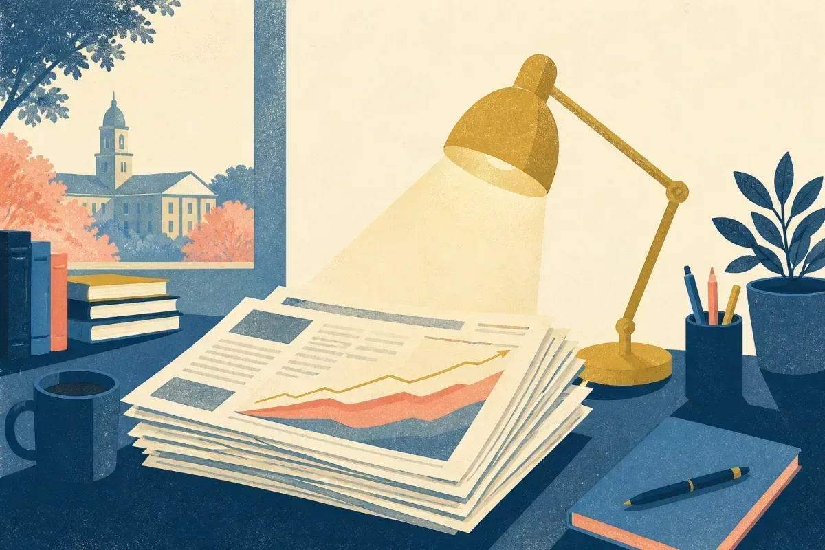 Risograph illustration of stacked newspapers, a reading lamp, and abstract chart curves on a cream desk