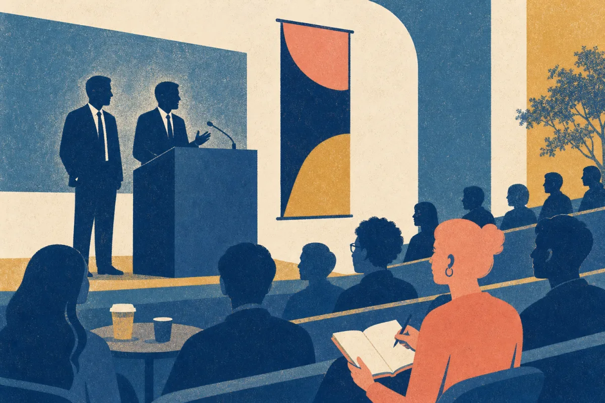 Risograph illustration of a lecture hall podium with banker silhouettes and students holding notepads at a society networking evening