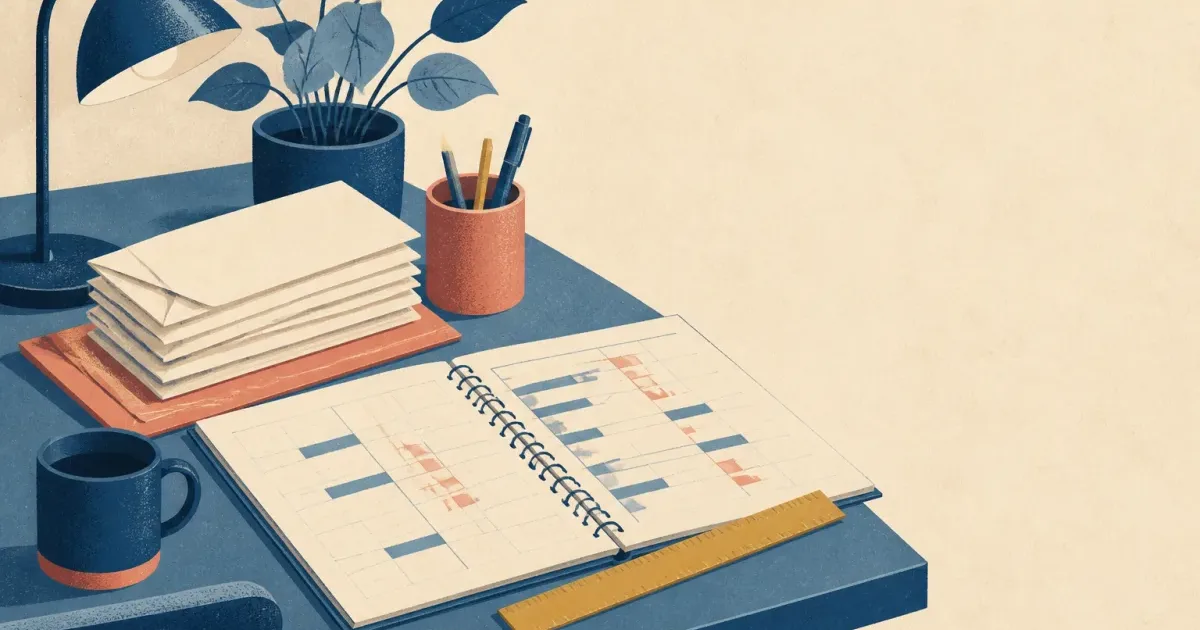 Risograph illustration of stacked pay envelopes beside a blank spreadsheet workbook and abstract variance chart on cream paper