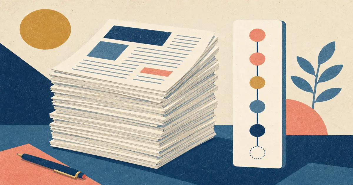 Risograph illustration of long-form article pages beside a compact application stage tracker for finance prep comparison