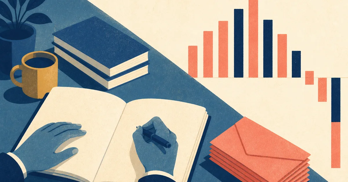Risograph illustration of stacked pay envelopes beside a blank forecast workbook and abstract variance chart on cream paper