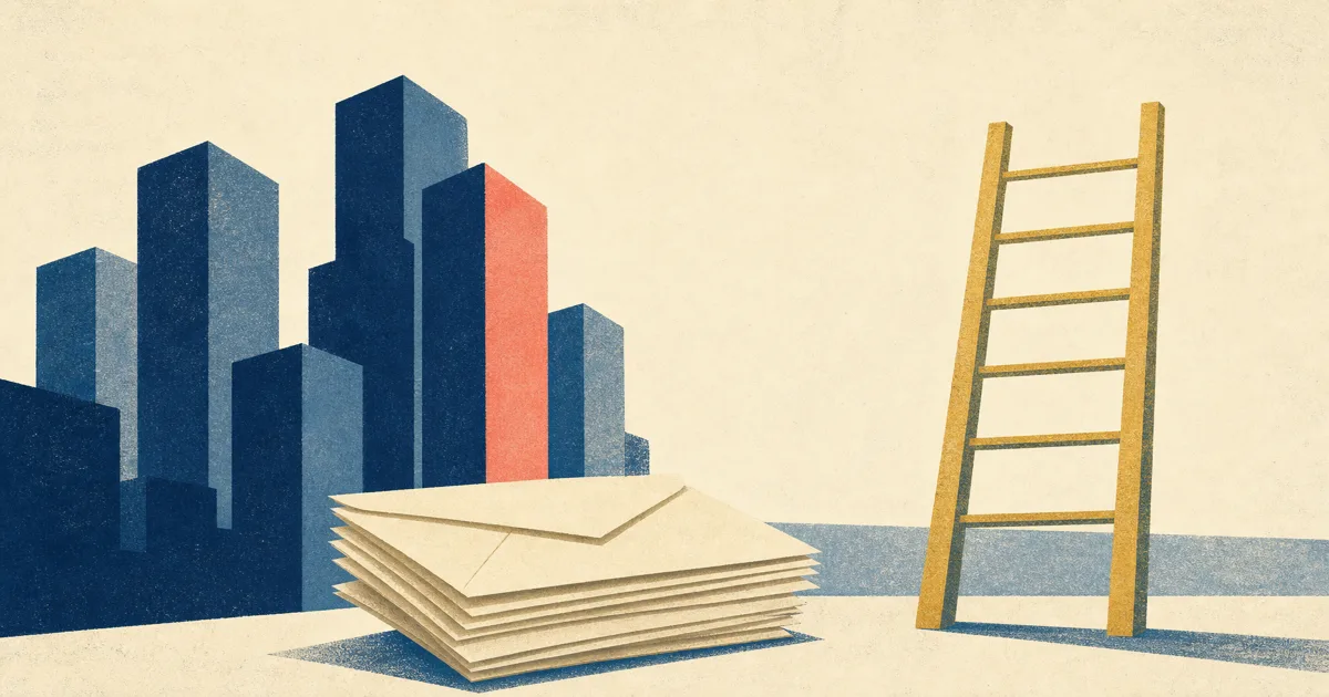 Risograph illustration of stacked pay envelopes beside blank tower silhouettes and a compensation ladder on cream paper
