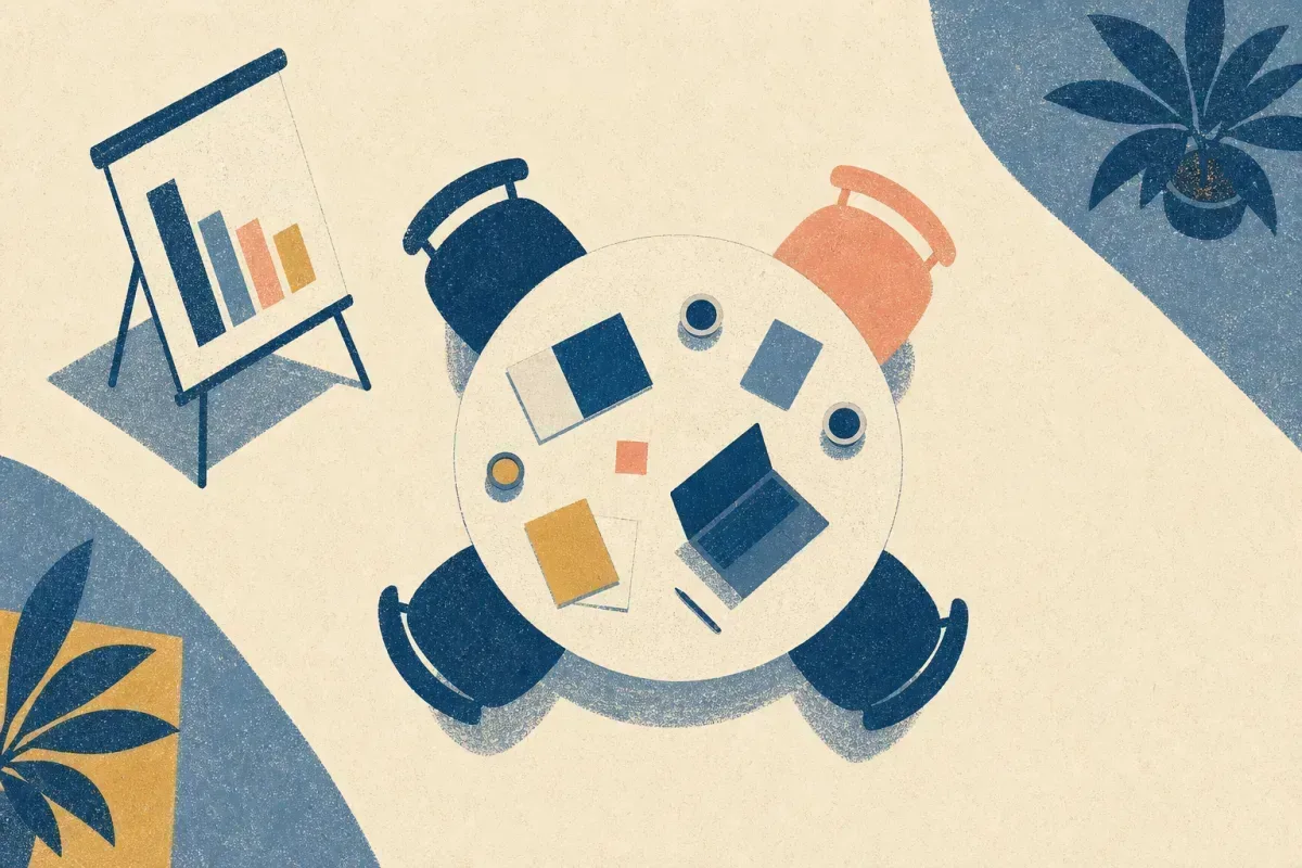 Risograph overhead view of a round table with four chair silhouettes, a flip chart easel, and a single highlighted speaking position